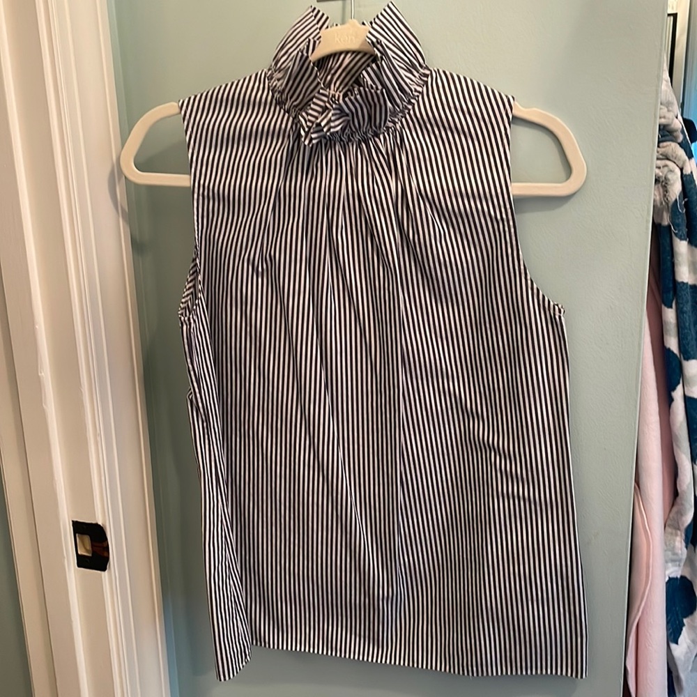 Banana Republic gray denim and white striped shirt with high collar.